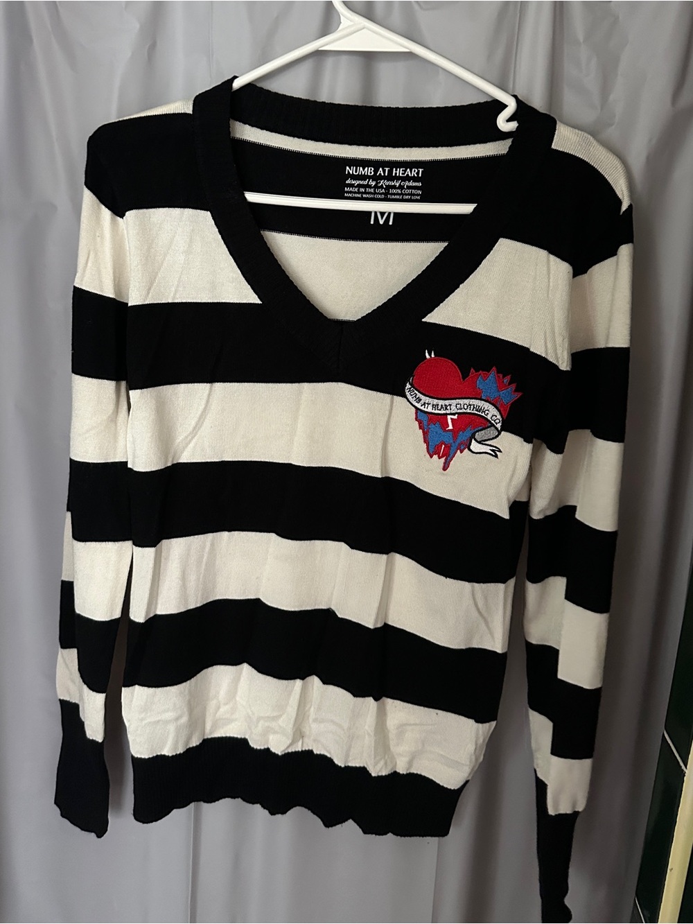 Black & White Striped V-Neck Sweater with Embroidered Heart